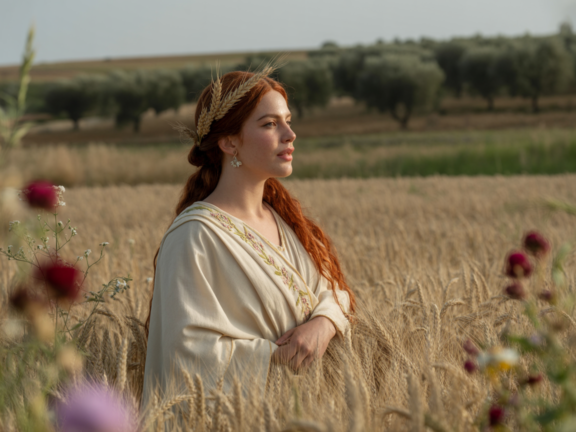 Demeter in a wheat field, sunlit background, flowers and crops surrounding, realistic natural lighting