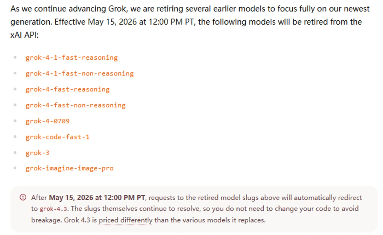 Official retirement notice listing grok-4-0709 and its redirect to grok-4.3