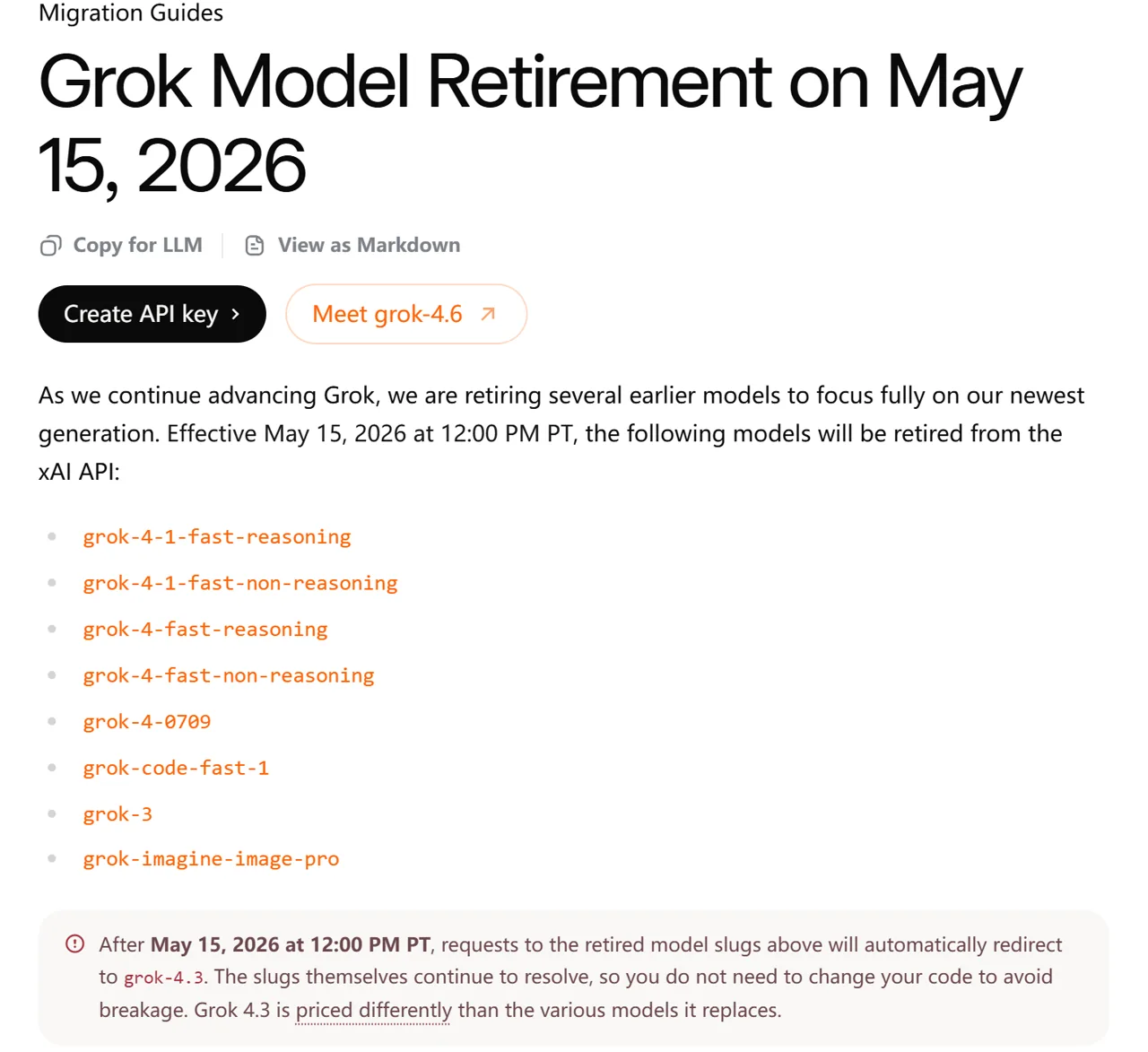 Official xAI retirement notice listing grok-4-0709 and its redirect to grok-4.3