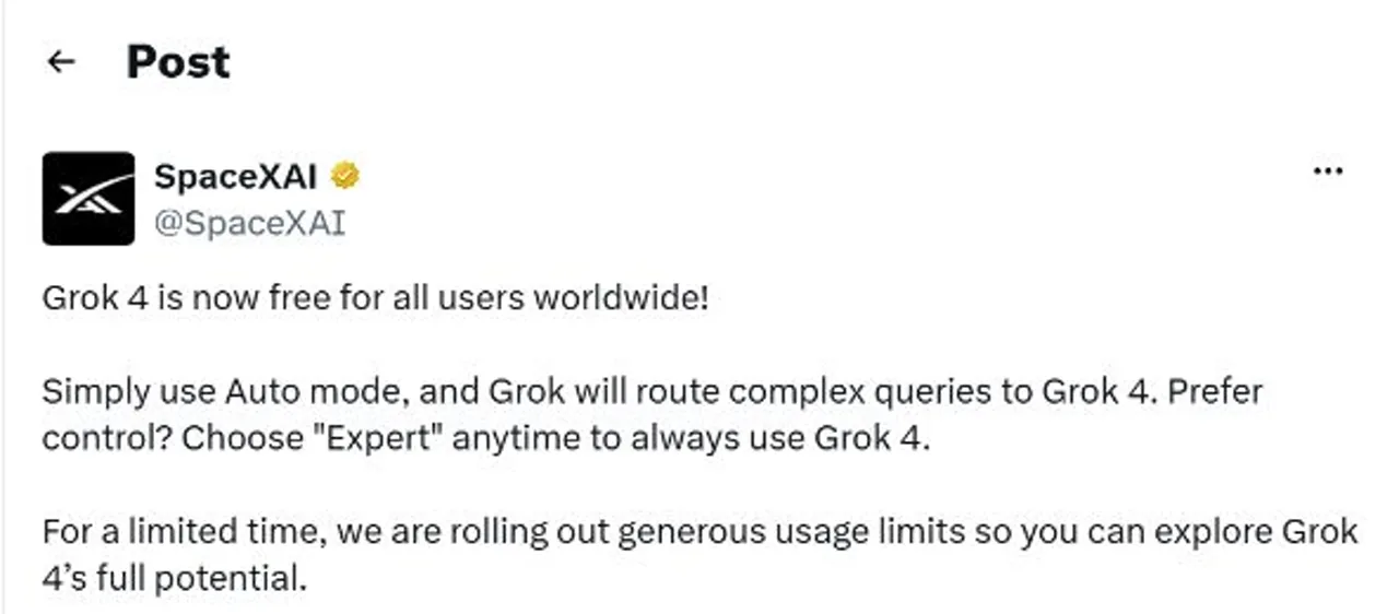 Official SpaceXAI post stating that Grok 4 was free worldwide through Auto or Expert mode for a limited time