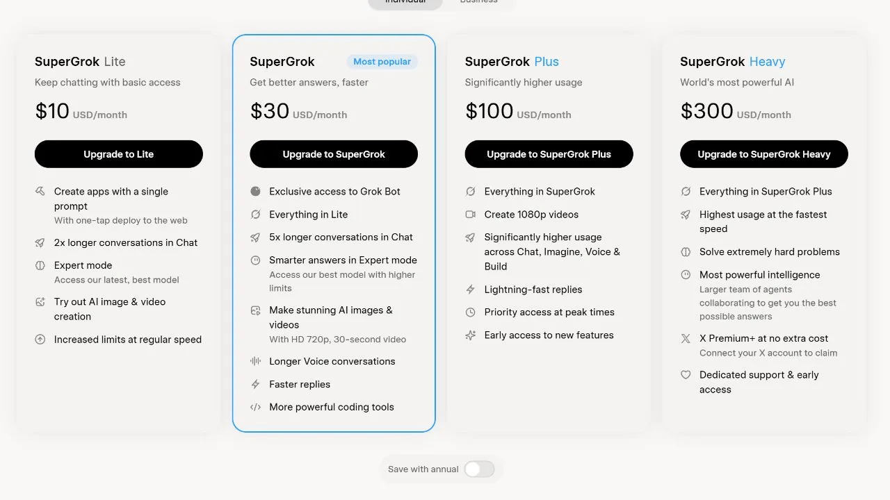 English Grok web plan page showing monthly prices of USD 10 for Lite, USD 30 for SuperGrok, USD 100 for Plus and USD 300 for Heavy