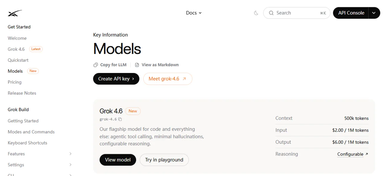Official xAI documentation listing Grok 4.6, its model ID, 500K context and configurable reasoning.