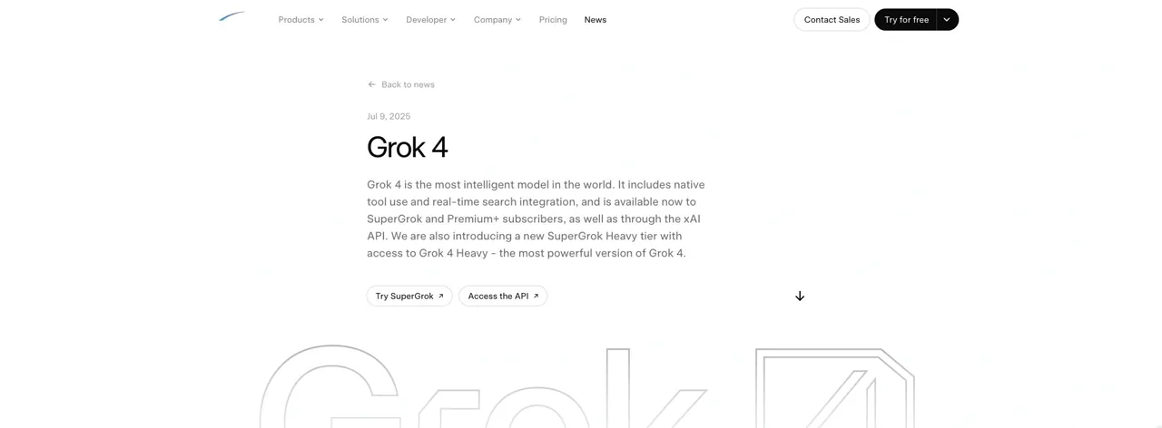 Grok 4 announcement on xAI's official website