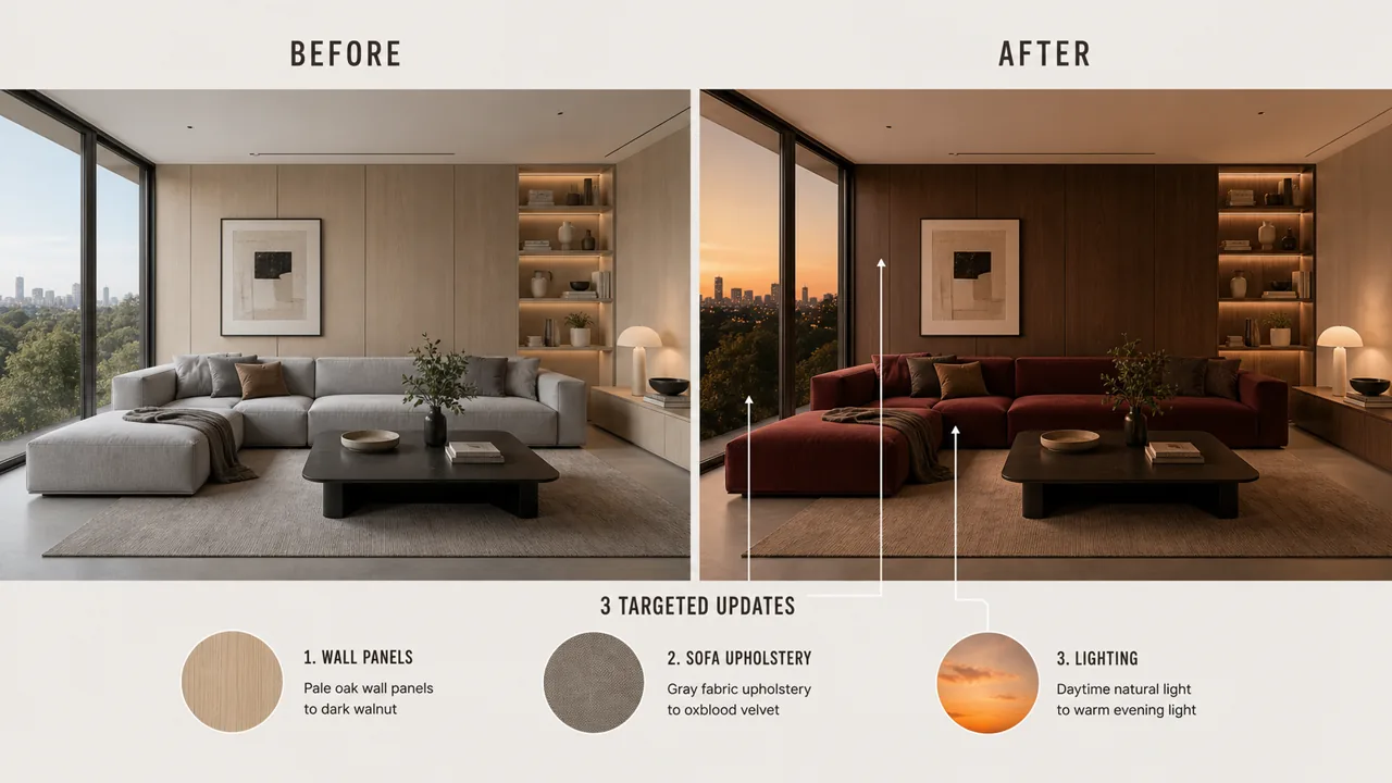 GPT Image 2 architectural interior before and after targeted edit