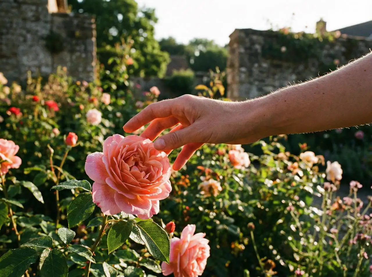 A graceful hand reaching out to touch a blooming flower in a sunlit garden, with soft, natural light highlighting the skin texture.