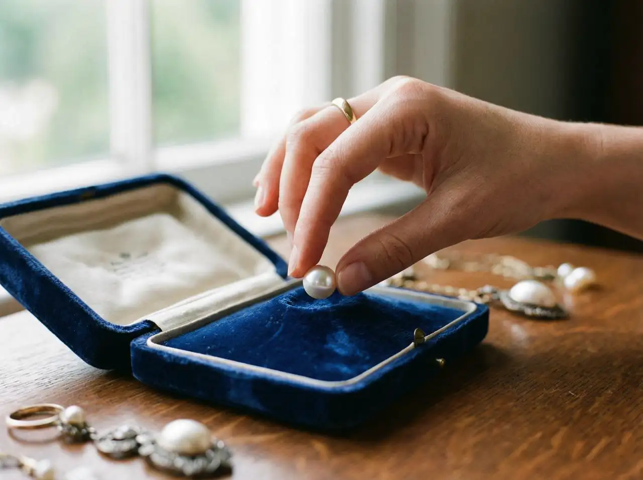 A hand delicately placing a pearl into a velvet jewelry box, with soft light accentuating the shine.