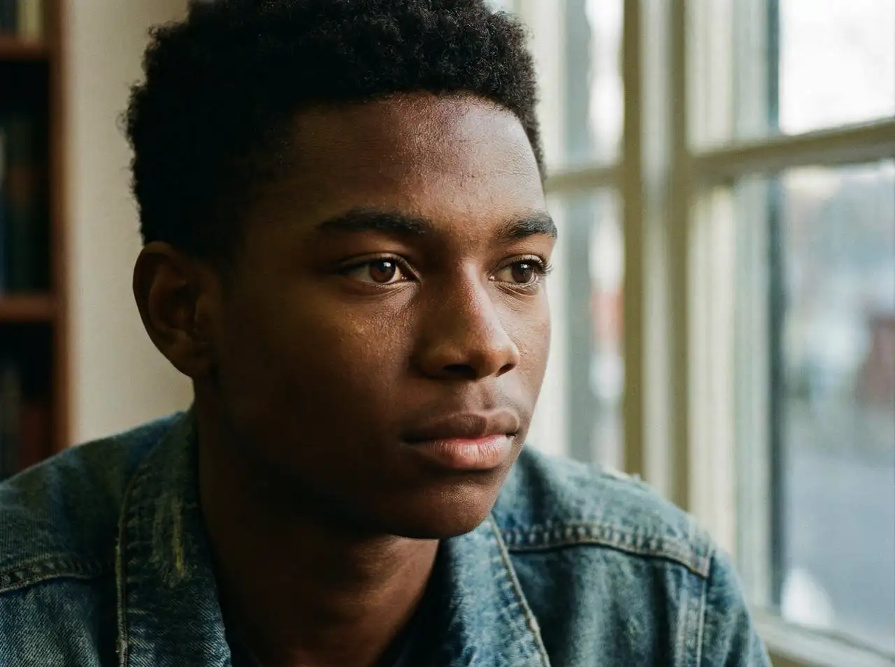 Black male teen with sharp jawline, expressive eyes, balanced facial proportions, cinematic portrait