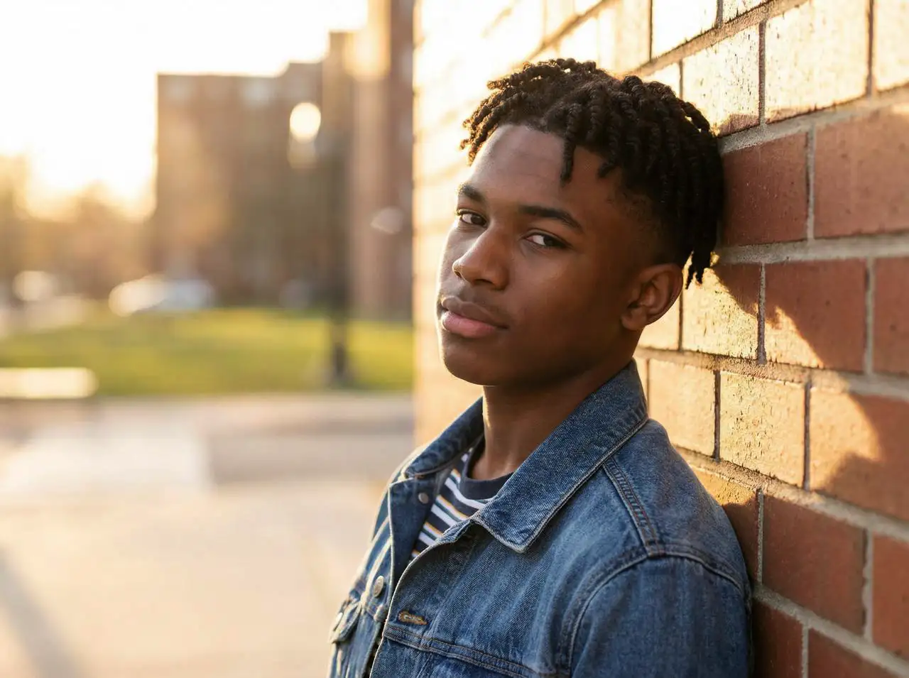 Black male teen with modern textured haircut, sharp features, relaxed pose, golden hour portrait.