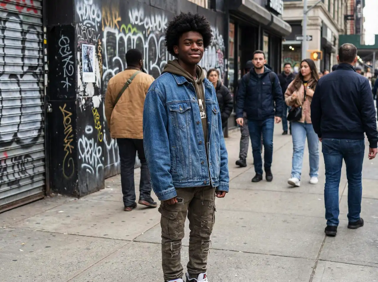 Attractive black teen wearing casual streetwear, naturally proportioned face, confident look.