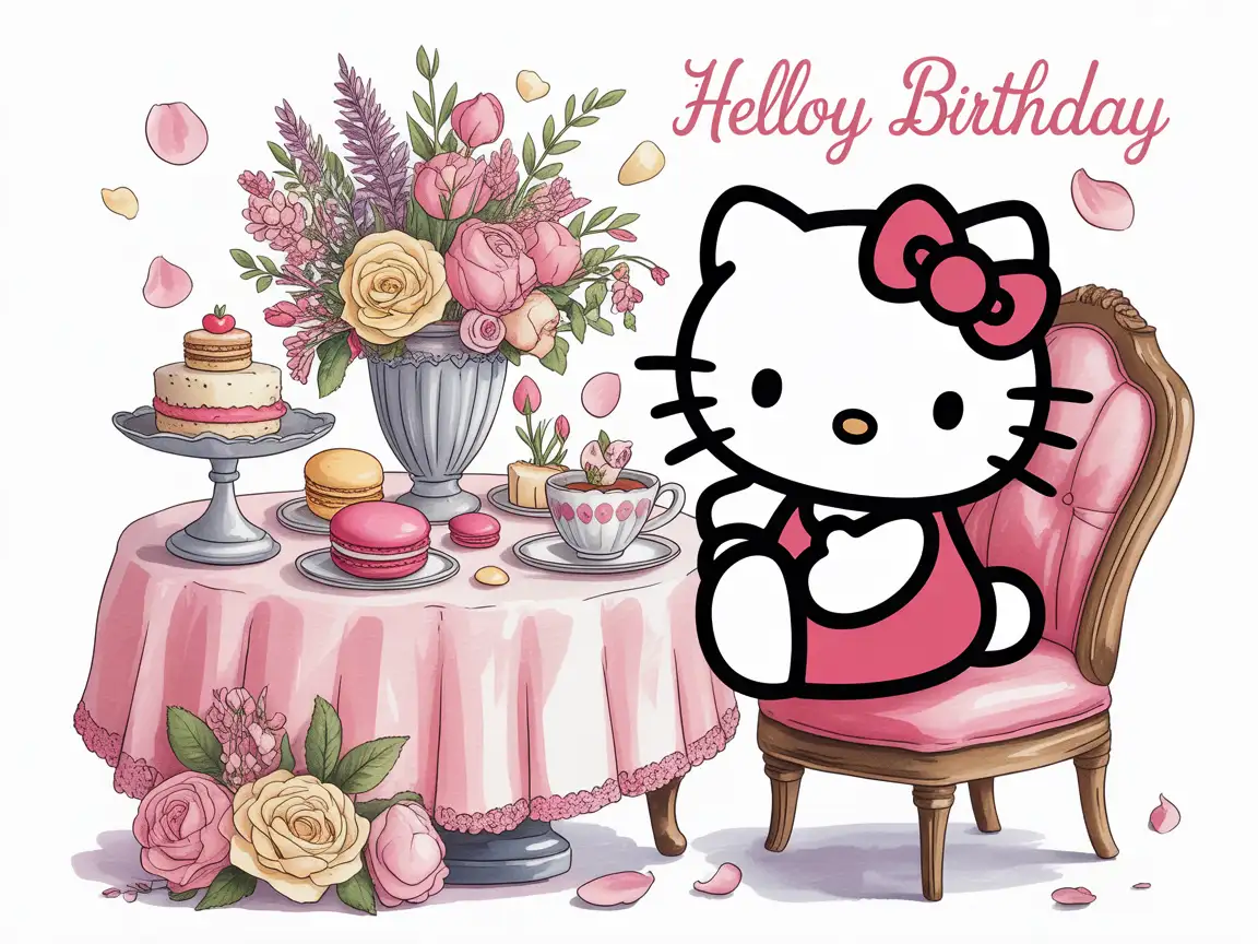 Hello Kitty sitting at a tea table surrounded by sweets and flowers, soft pink tones, watercolor illustration.