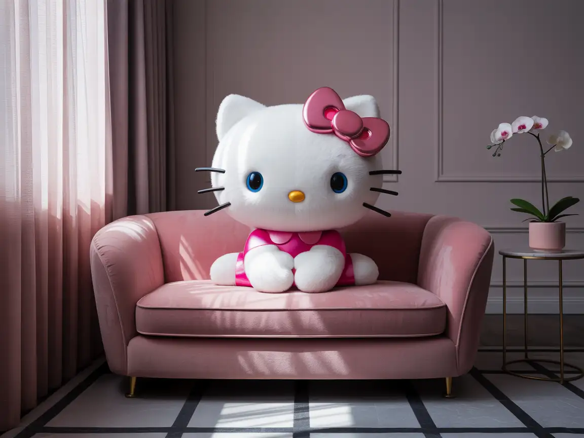 Hello Kitty sitting on a modern pink velvet sofa, elegant room décor, soft daylight, realistic lighting.