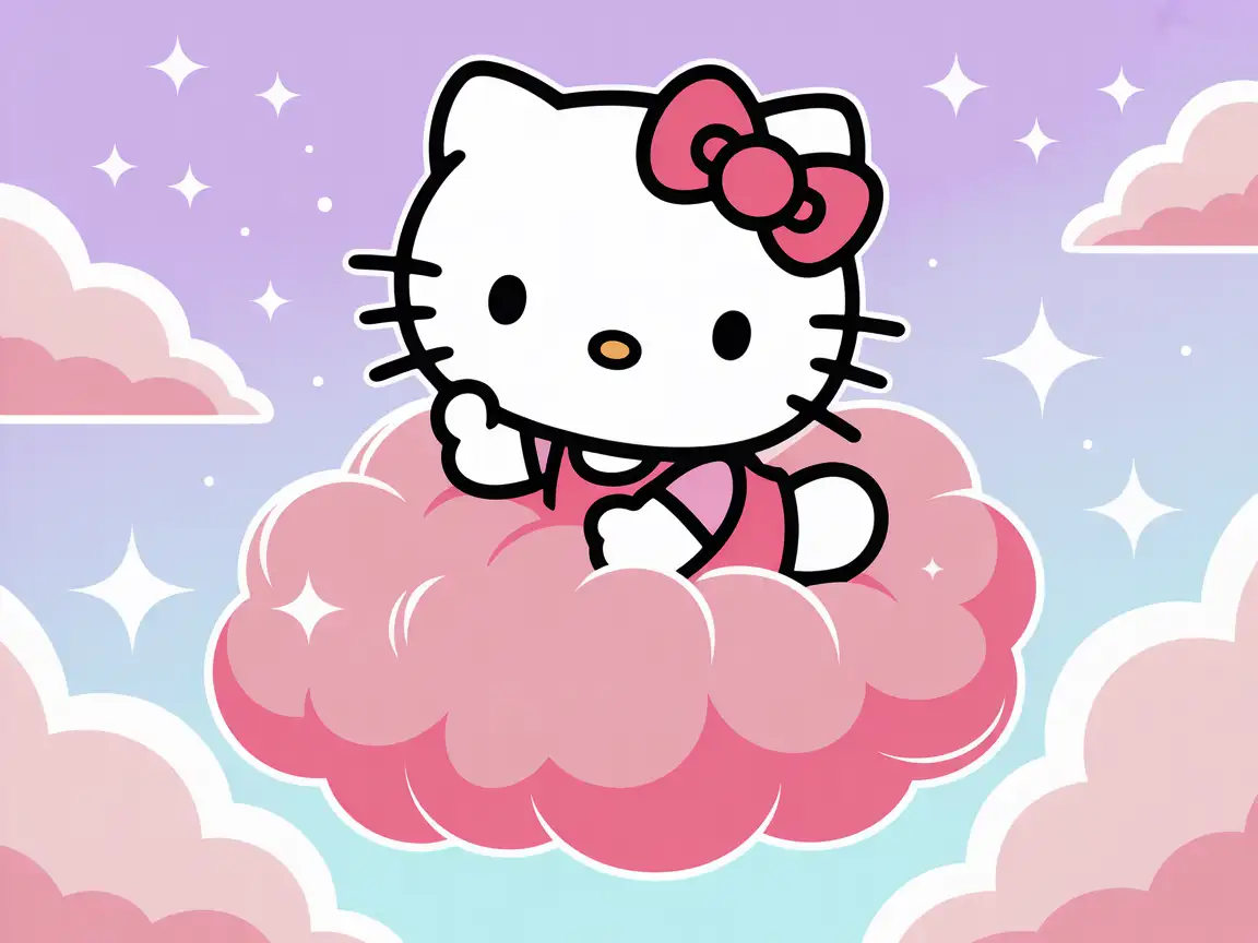 Hello Kitty sitting on a fluffy pink cloud, pastel sky background, dreamy lighting, kawaii fantasy art.