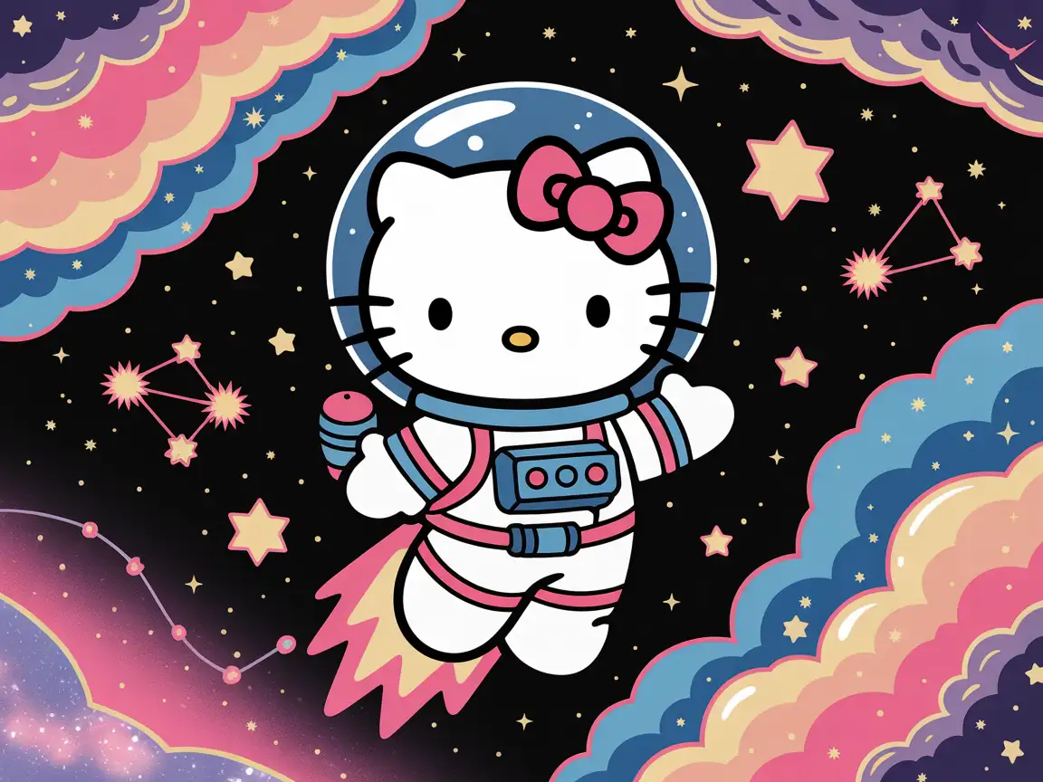 Hello Kitty dressed as a space explorer floating among stars, cute cosmic background, soft glow.