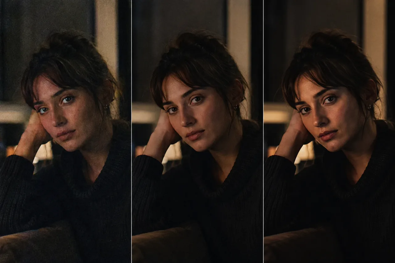Low-light portrait shown as a phone original, AI-enhanced interpretation, and professional camera reference