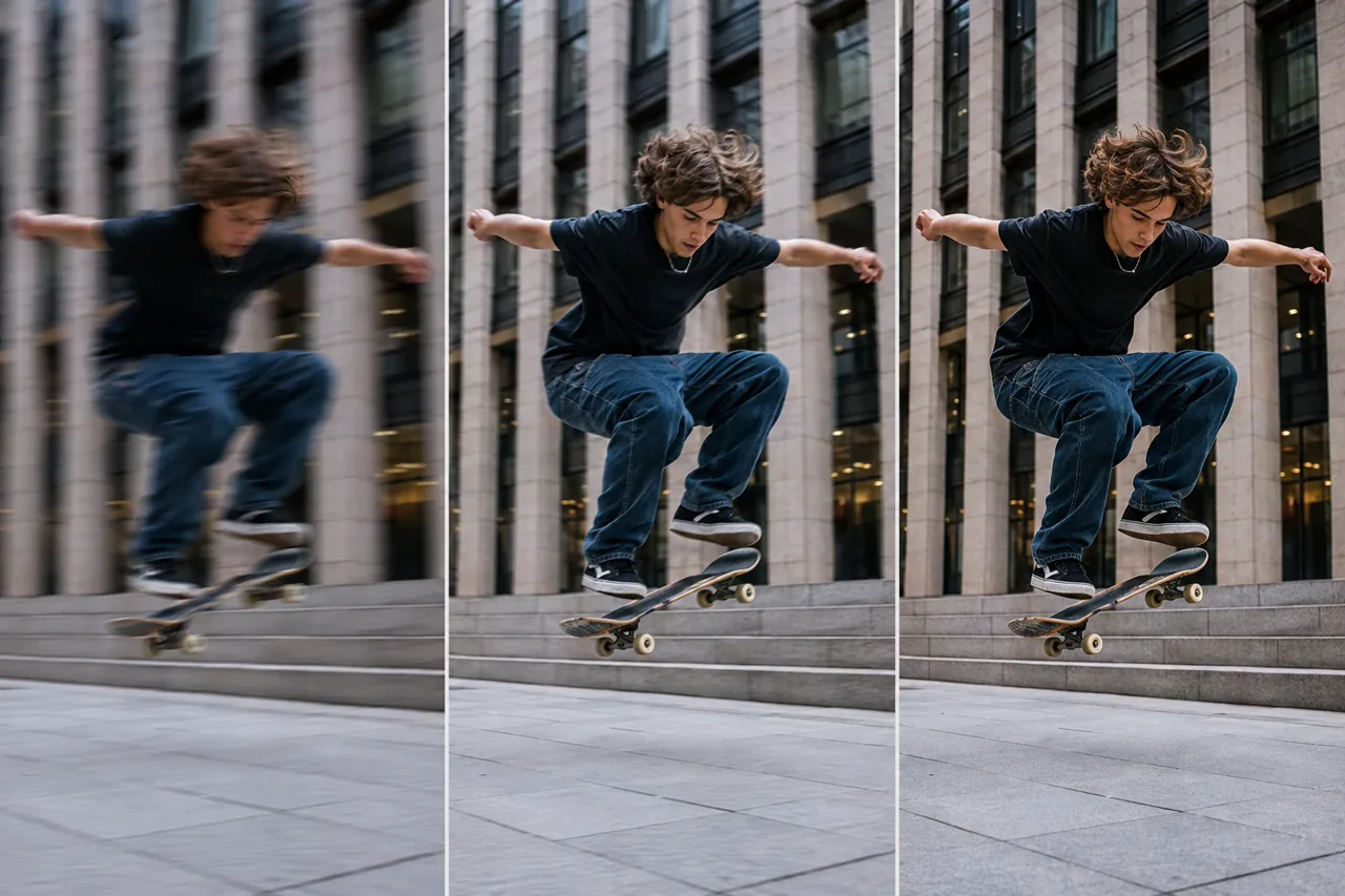 Skateboarder in motion shown across phone, AI-enhanced, and camera-reference panels
