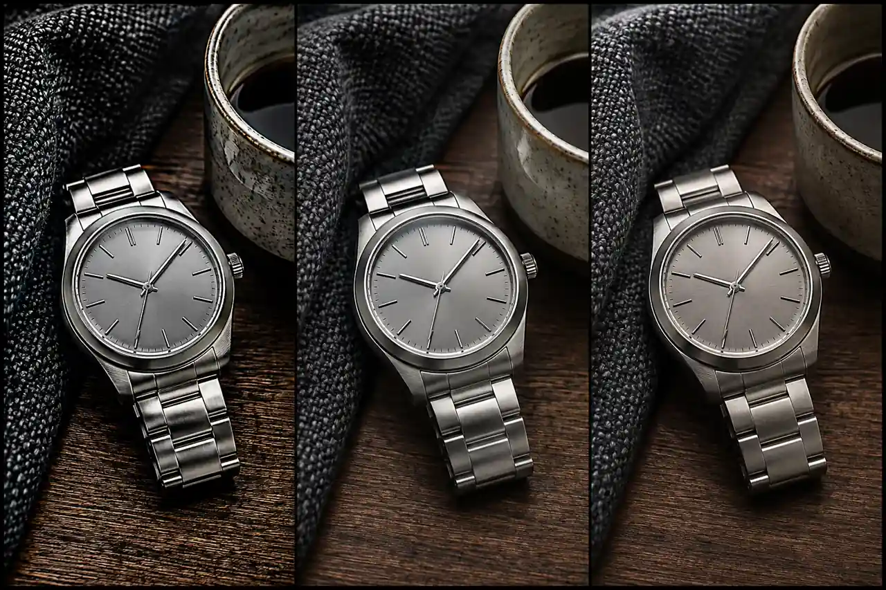 Watch, fabric, and ceramic product scene shown across phone, AI-enhanced, and camera-reference panels