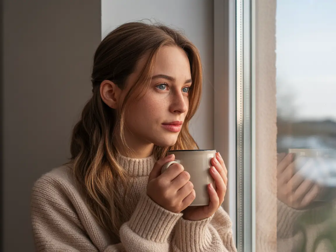 Beautiful hyper realistic girl with light brown hair, beige sweater, holding a warm mug by a window, soft morning light.