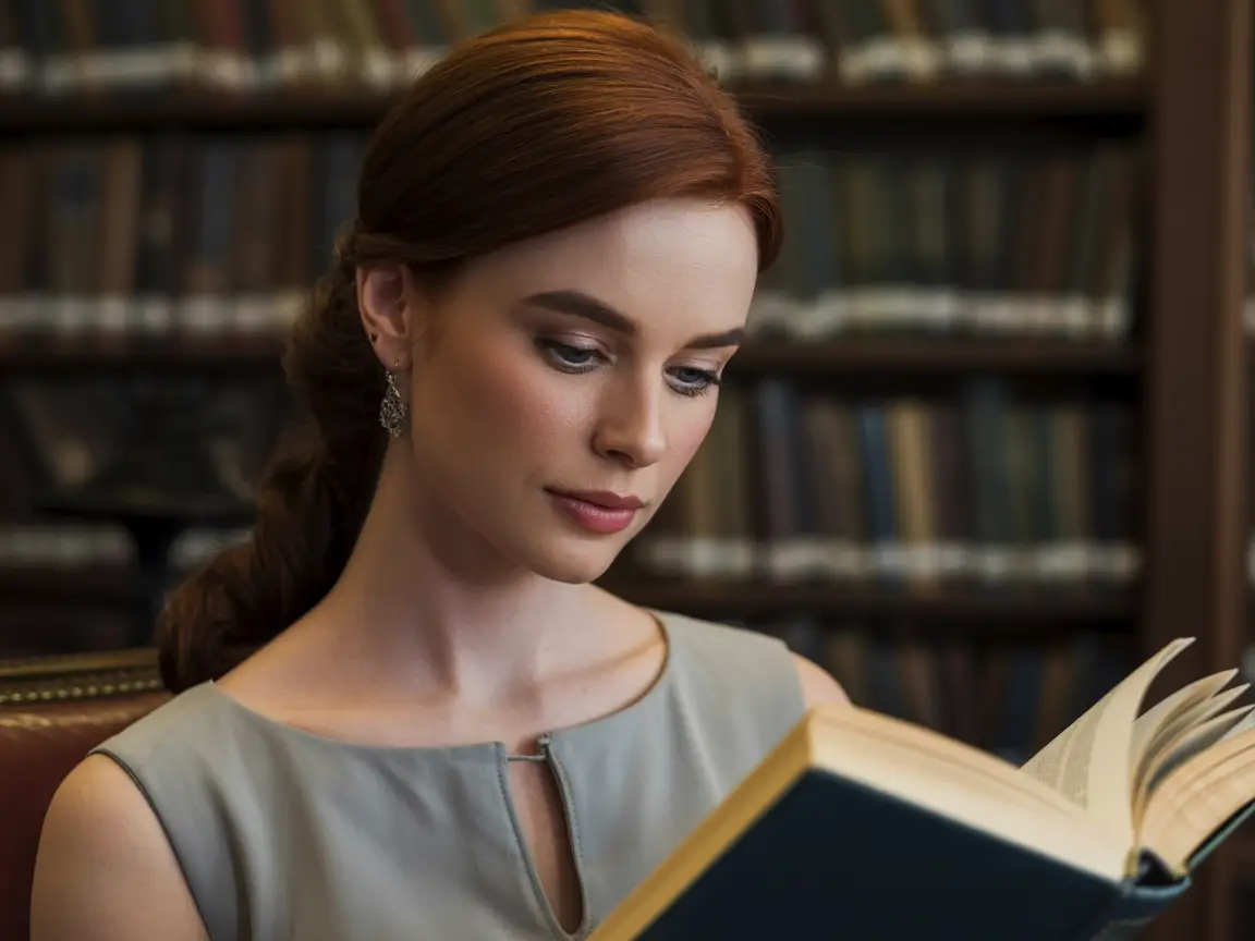 Gorgeous young woman, silky chestnut hair in ponytail, elegant gray dress, reading a book in a quiet library, hyper realistic light reflection on skin.
