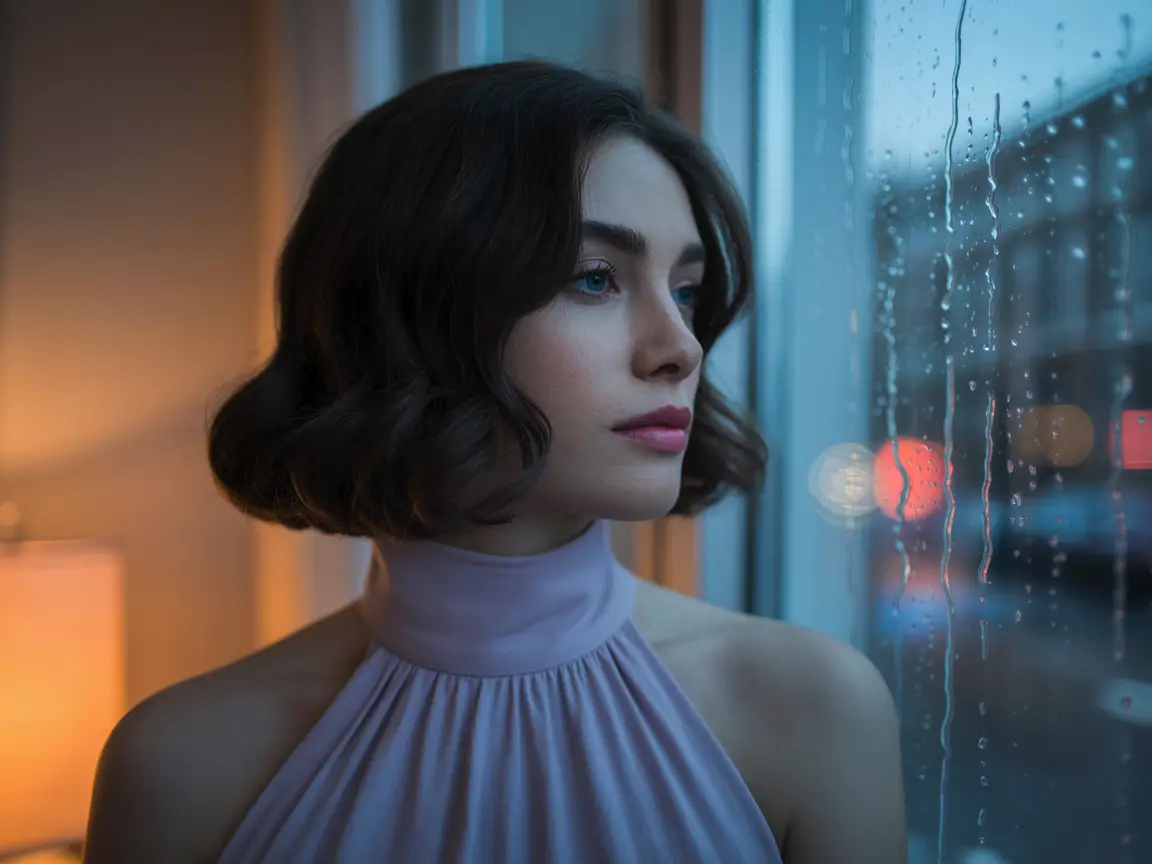 Beautiful girl, dark shoulder-length bob, wearing high-neck pastel dress, looking thoughtfully out of a rainy window, realistic reflections.
