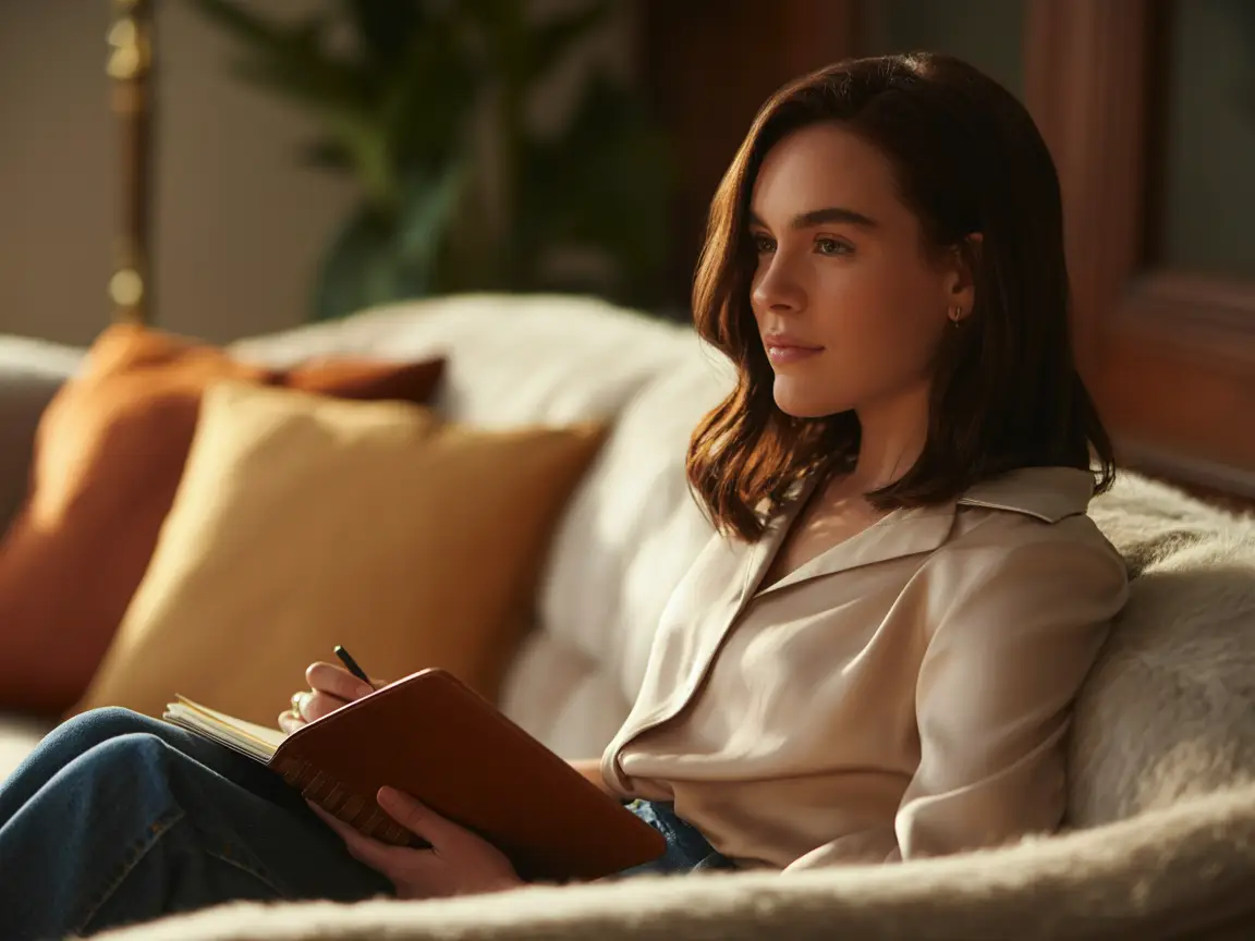 Hyper realistic beautiful girl, chestnut shoulder-length hair, wearing elegant beige blouse, sitting on sofa with notebook, natural soft light.