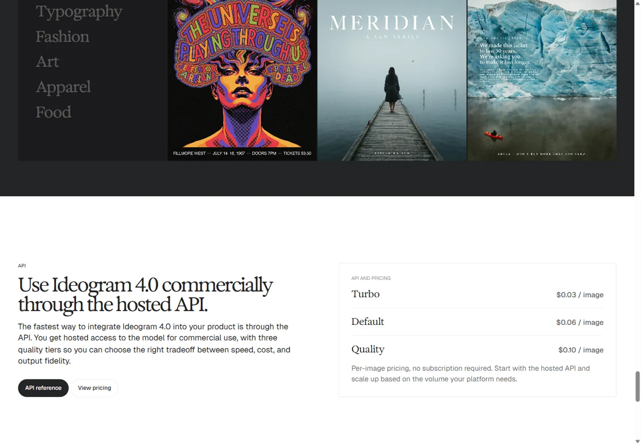 Ideogram 4 hosted API pricing with Turbo, Default and Quality tiers