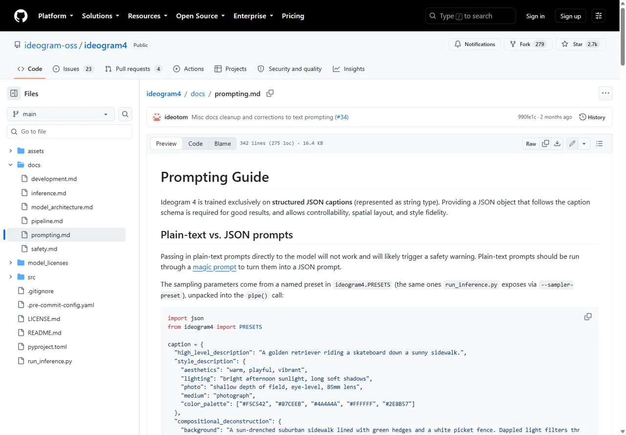 Ideogram 4 official prompting guide explaining plain text and JSON captions