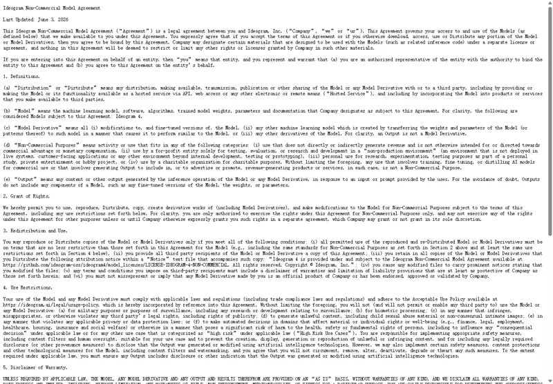 Ideogram 4 Non-Commercial Model Agreement showing definitions and granted rights