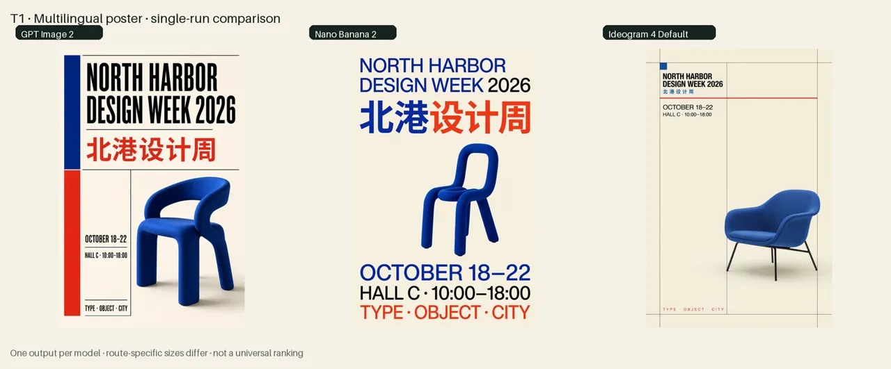 Ideogram 4, GPT Image 2 and Nano Banana 2 bilingual poster outputs side by side