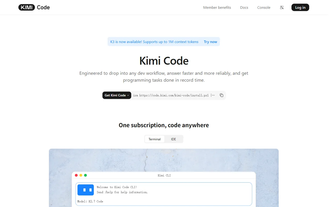 English Kimi Code official page showing Kimi CLI workflow