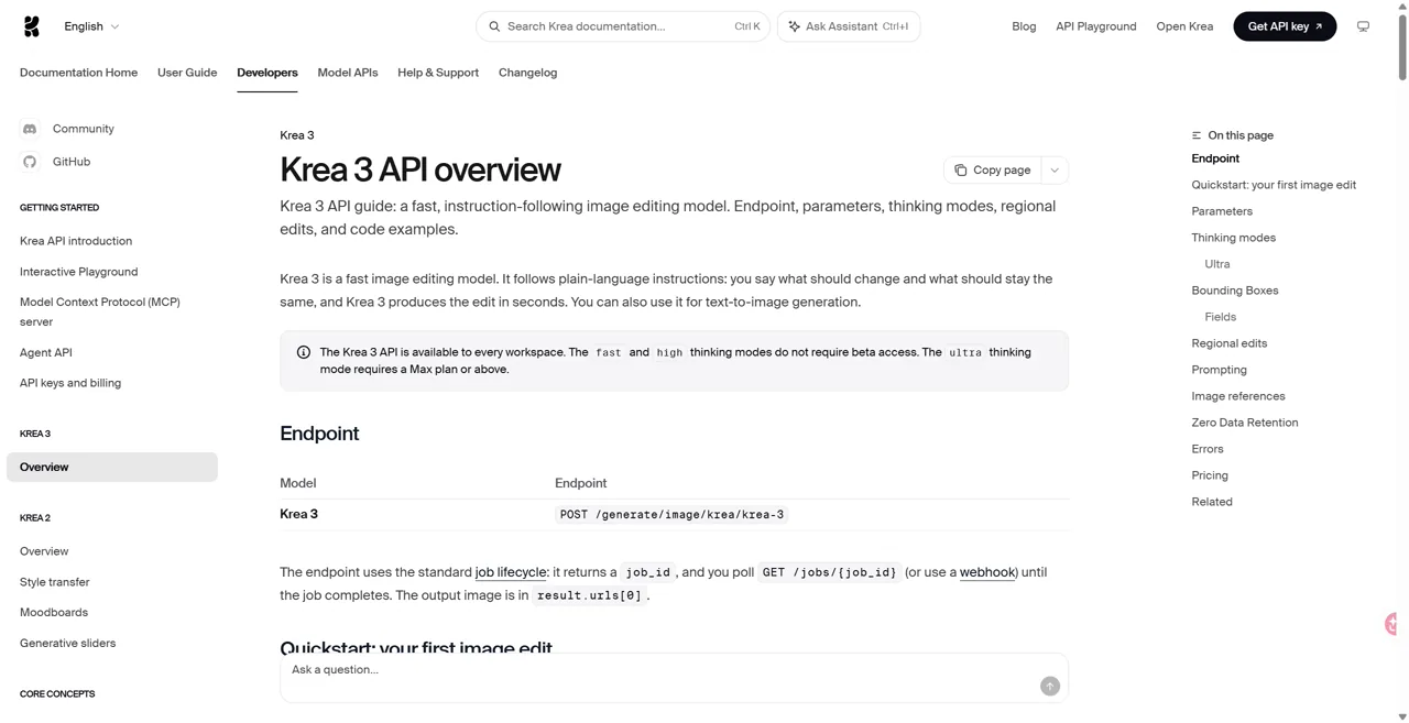 Krea 3 official API overview showing image editing, text-to-image and Fast, High and Ultra modes.