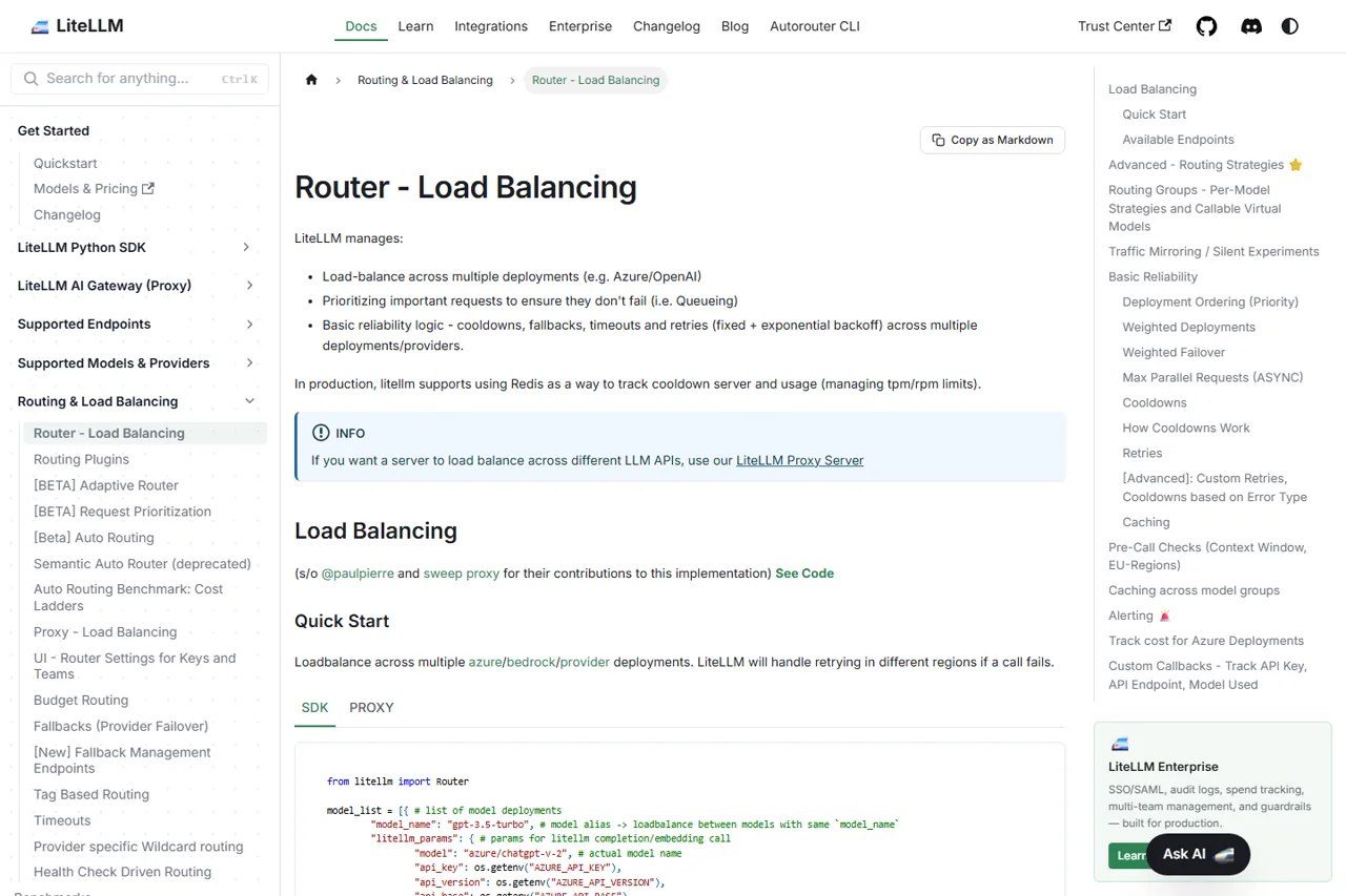 LiteLLM Router documentation showing load balancing and reliability controls