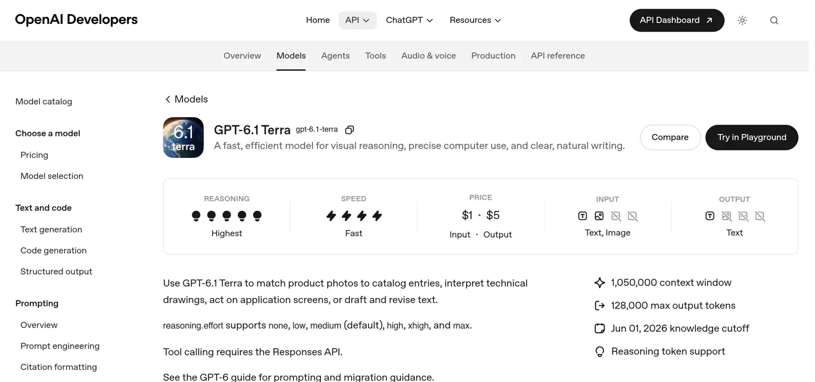 OpenAI Developers model page for GPT-6.1 Terra showing model ID, positioning, price, modalities, and context