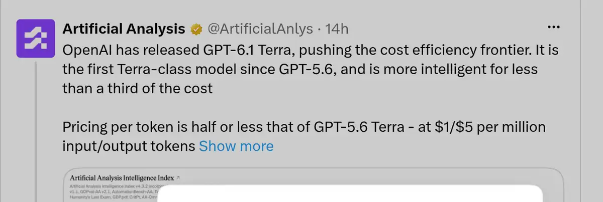 Artificial Analysis X post describing GPT-6.1 Terra as a cost-efficiency model