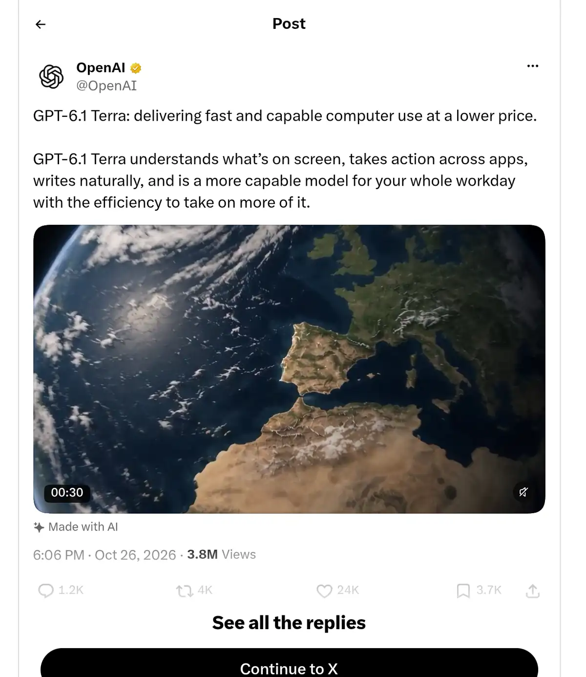 OpenAI official X post announcing GPT-6.1 Terra and describing lower-priced computer use