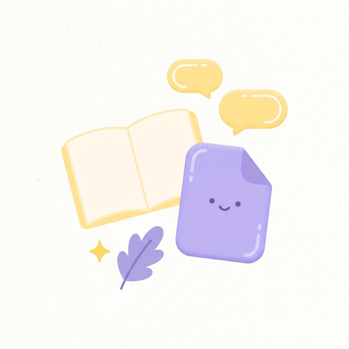 Pastel illustration of a friendly document, a notebook, and chat bubbles