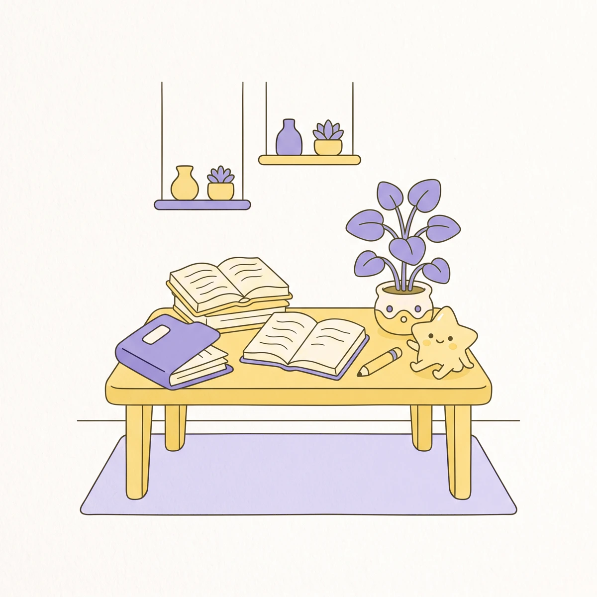 Pastel illustration of books, a pencil, and a plant on a cozy reading desk