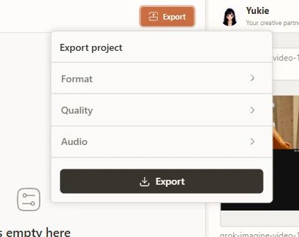 Actual Video Editor export panel with Format Quality and Audio settings