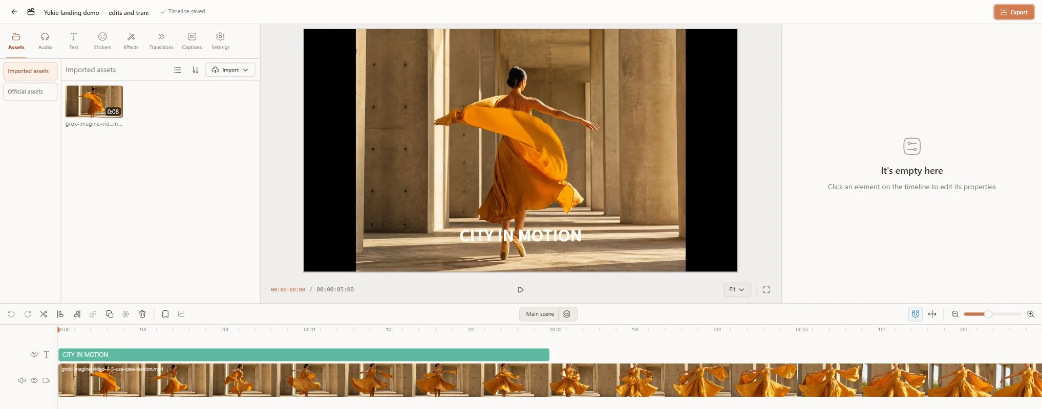 Actual editor preview and timeline for the five-second cut with a timed title