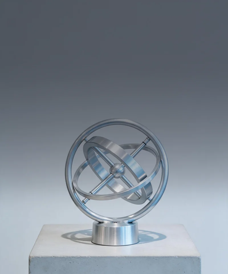Precision gyroscope in a silver-gray studio setting