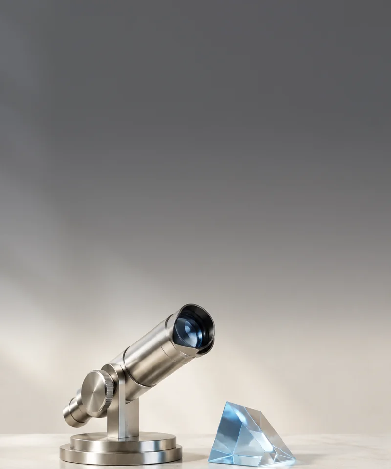 Silver optical instrument beside an ice-blue glass prism.