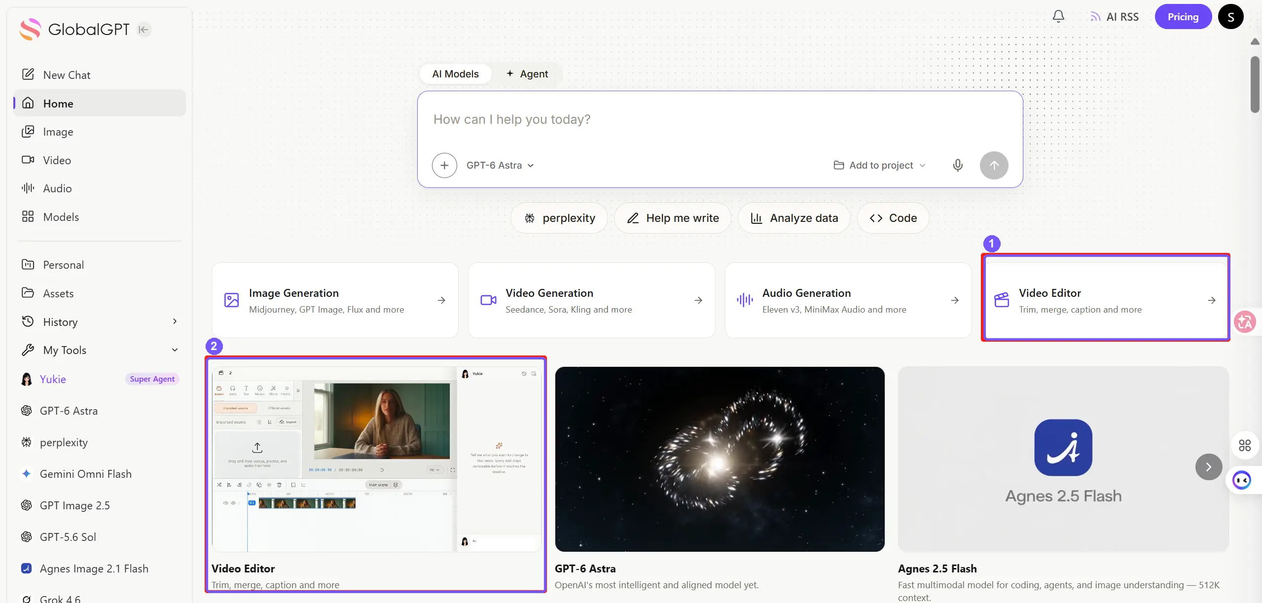 Full GlobalGPT Home screenshot showing both Video Editor entrances, numbered 1 and 2