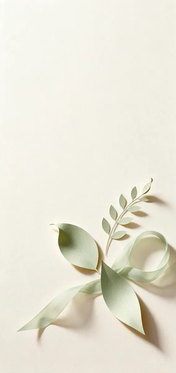 Sage green paper leaves and a ribbon on a warm ivory background