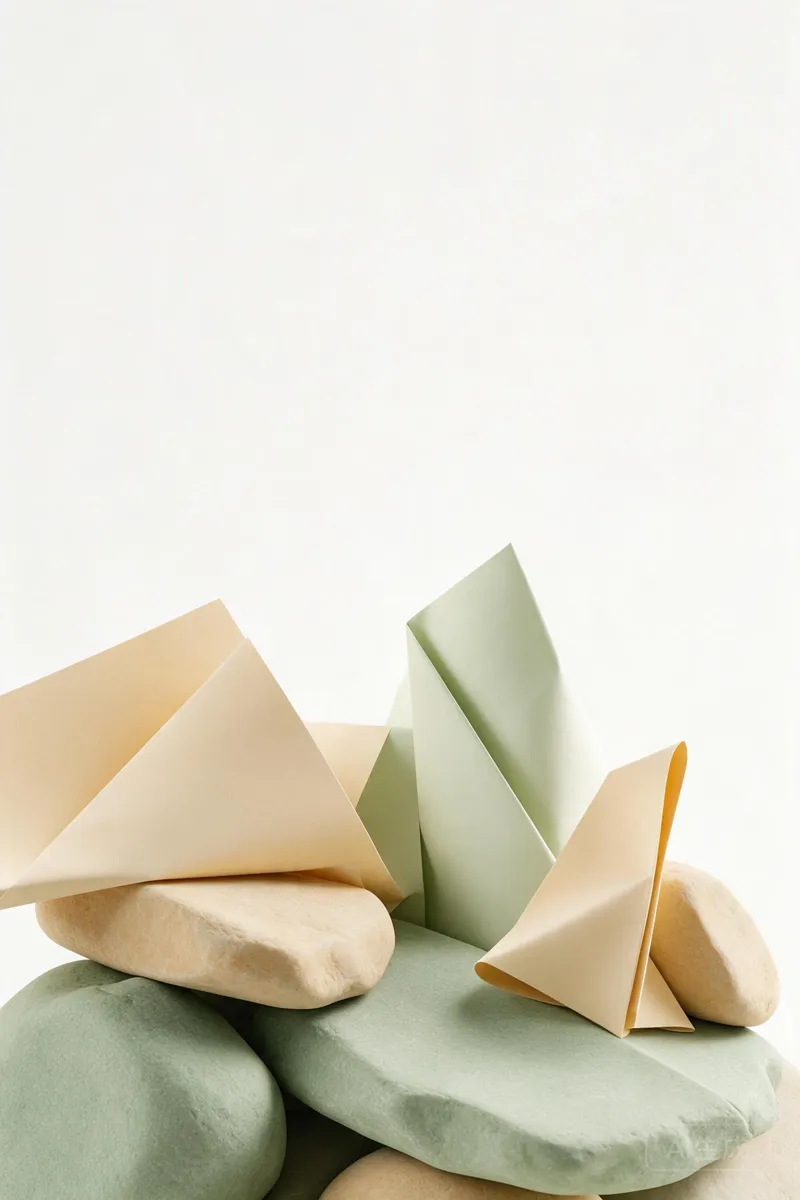 Sage green paper and stone forms on a pale background
