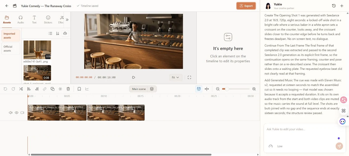 The Full Editor · Source Assets, Two Shots, Timeline And Yukie