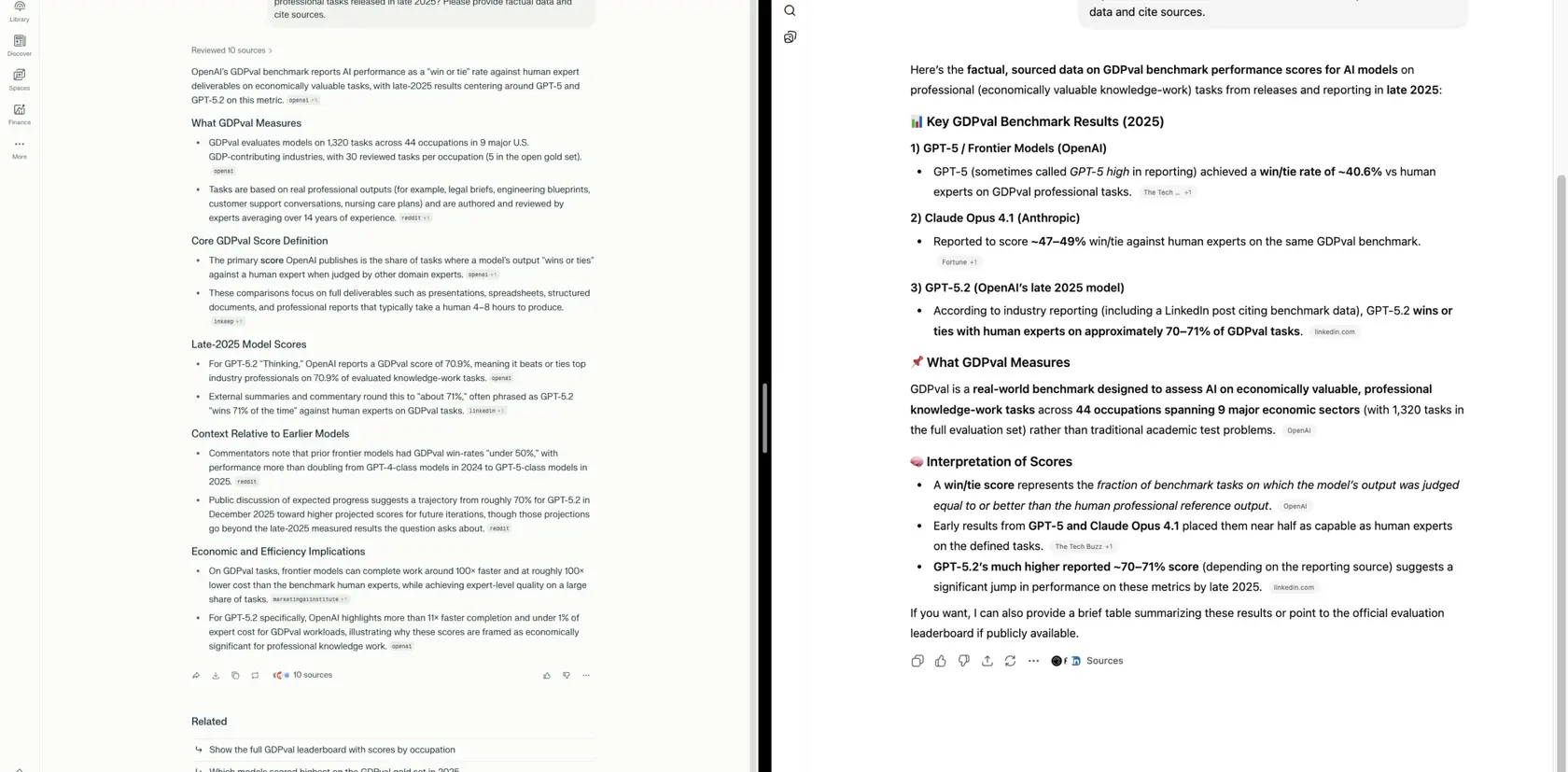 Historical comparison of Perplexity and ChatGPT answers with visible source links