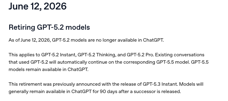 OpenAI 2026年6月12日公告:自ChatGPT起停用GPT-5.2 Instant、Thinking和Pro。.