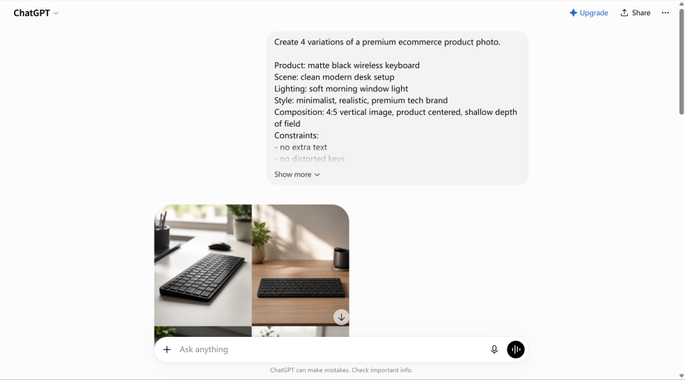 ChatGPTによる対話で、詳細なキーボード画像のプロンプトと、生成されたバリエーションのグリッドが表示されています。.