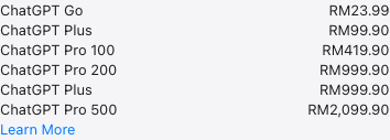 Malaysia App Store in-app purchase list showing ChatGPT Plus items at RM99.90 and RM999.90 without billing periods
