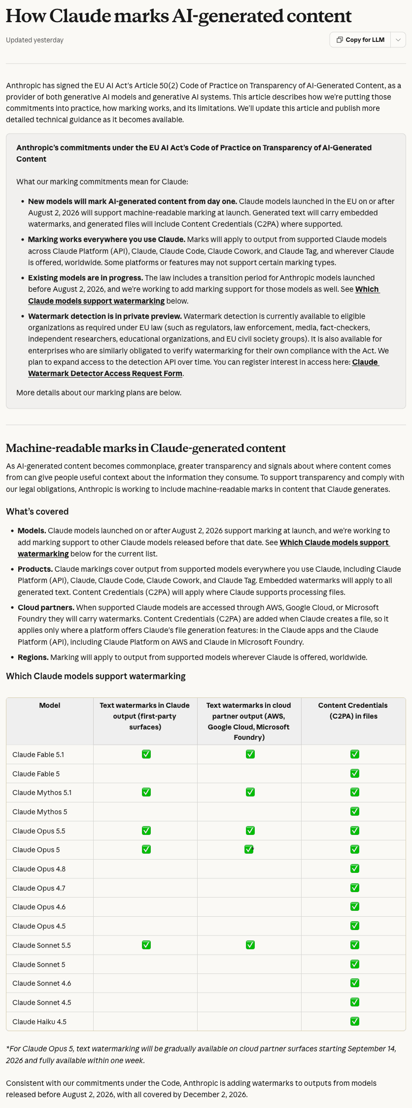 Page d'aide Claude présentant la règle de marquage du 2 août 2026, les produits et partenaires cloud pris en charge, le tableau de compatibilité des modèles, la note relative à la transition vers le cloud d'Opus 5 et le plan de déploiement du 2 décembre 2026.