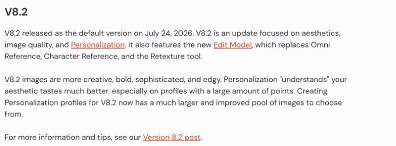 Midjourney V8.2 release note showing its July 24, 2026 default release and the new Edit Model.